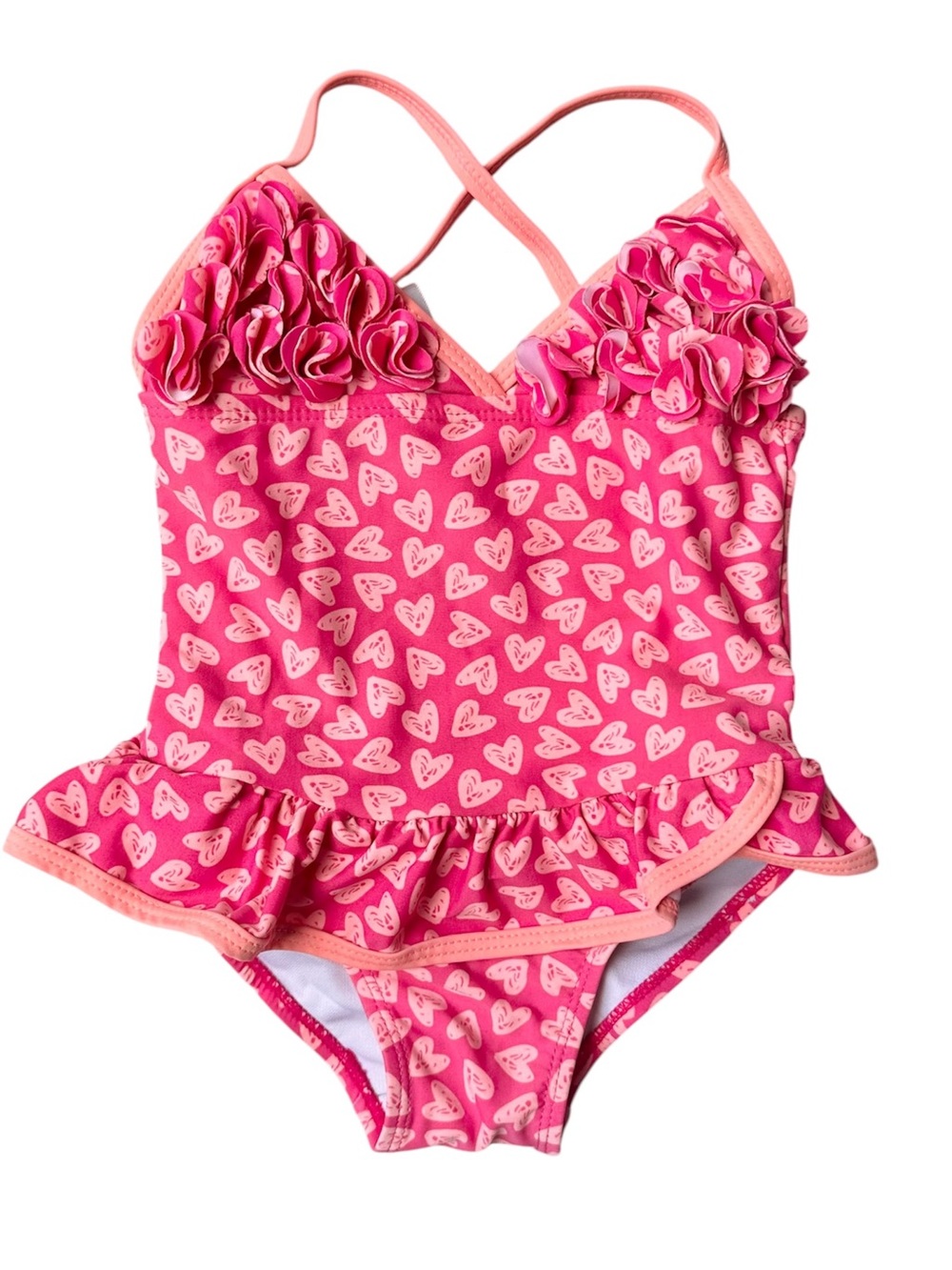 Pink Platinum 3T Girls Pink Heart One-Piece Swimsuit with Ruffle Skirt & Floral